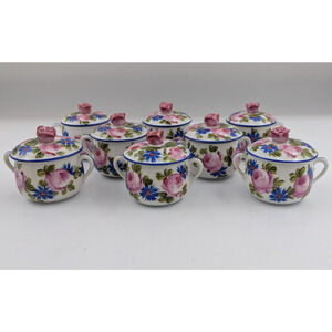 French Delvaux 18 Rue Royale Paris Pot de Creme Lidded Cups Set of 8 Floral READ